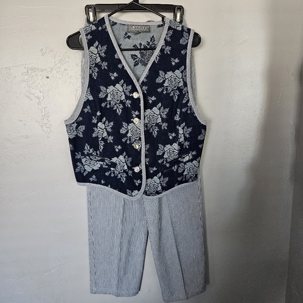 Karen Kane Vintage Women's 2 Piece Set Navy White Floral Pinstripe Vest Pants